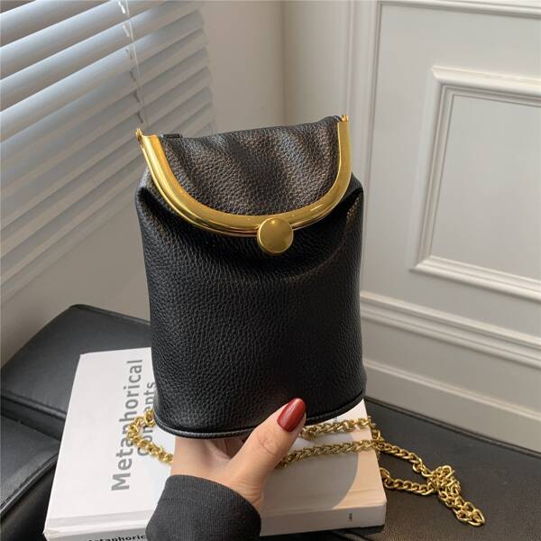 

Metal Decor Textured Bucket Bag, Black