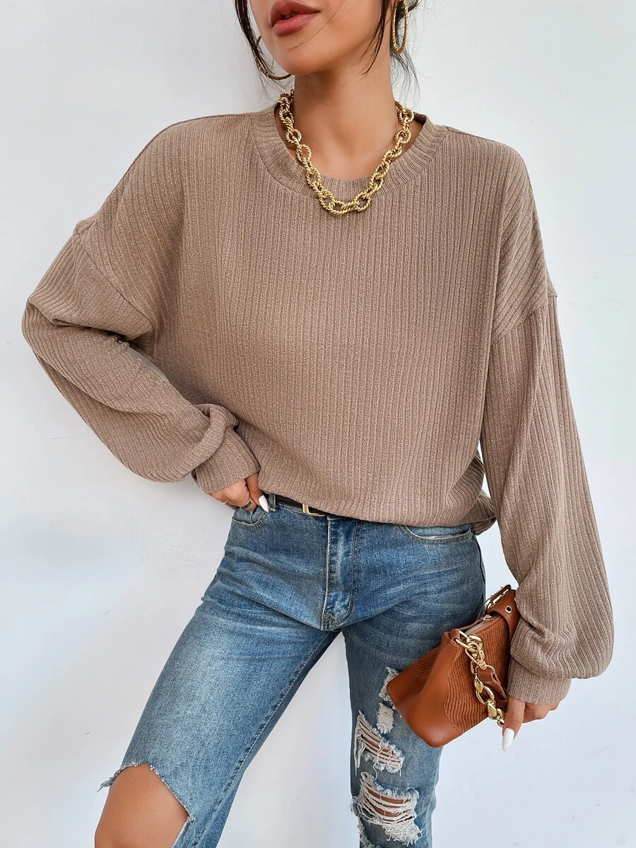 Drop Shoulder Solid Tee - Mocha Brown - View 1