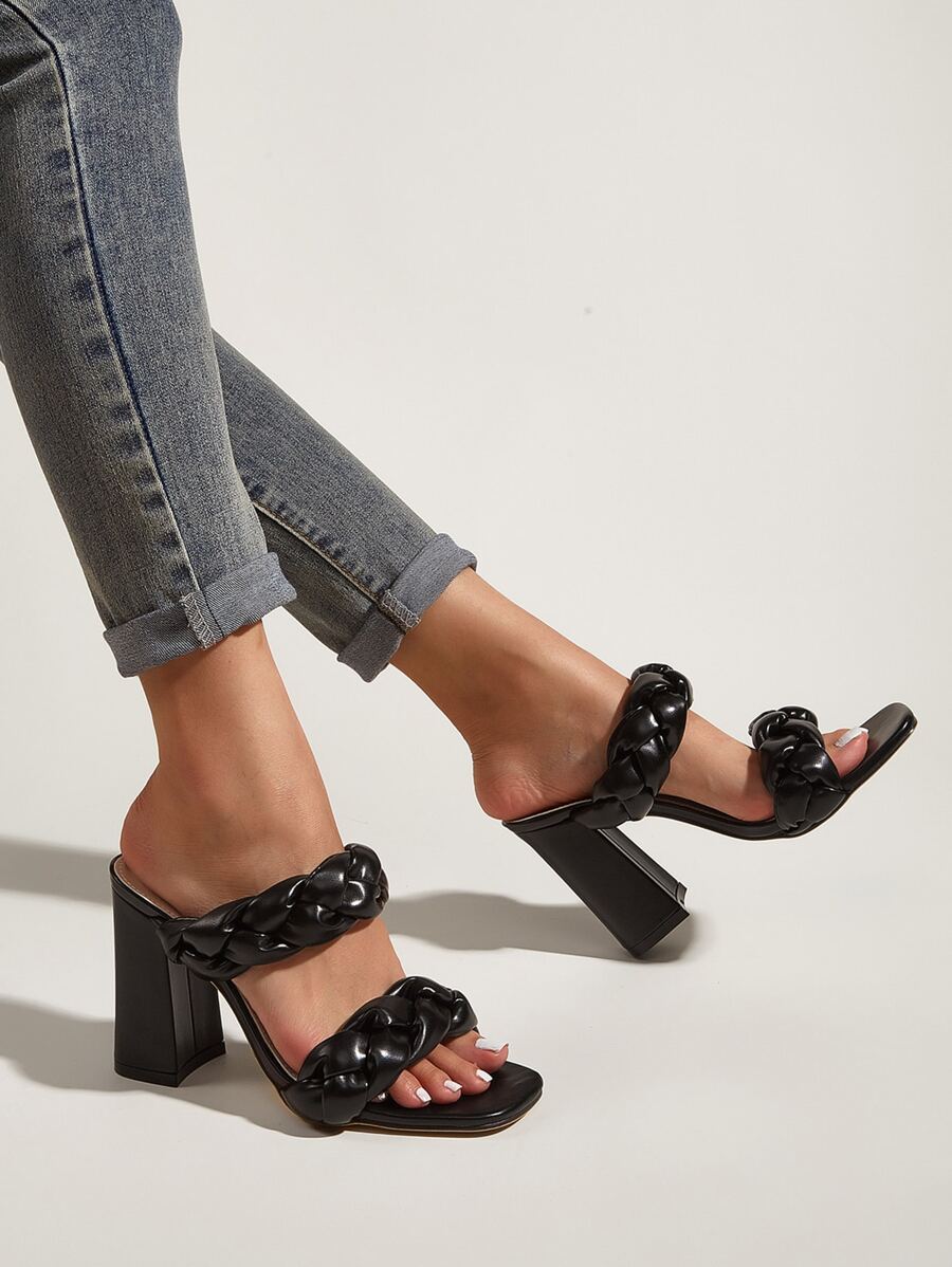 Braided Detail Chunky Heeled Mule Sandals - Black - View 1