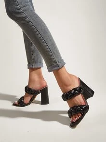 Braided Detail Chunky Heeled Mule Sandals - Black - View 2