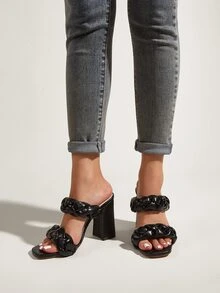 Braided Detail Chunky Heeled Mule Sandals - Black - View 3