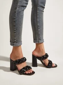 Braided Detail Chunky Heeled Mule Sandals - Black - View 4