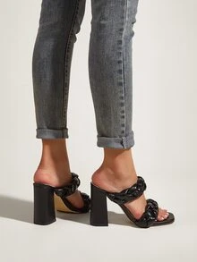 Braided Detail Chunky Heeled Mule Sandals - Black - View 5