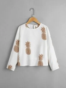 SHEIN Áo cánh Gái Nút Rau quả Giải trí - trắng - Xem 1