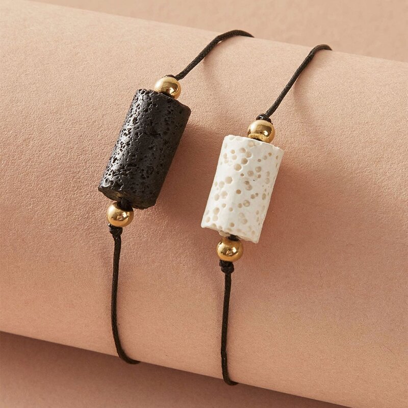 

Guys 2pcs Stone Decor Bracelet, Black and white