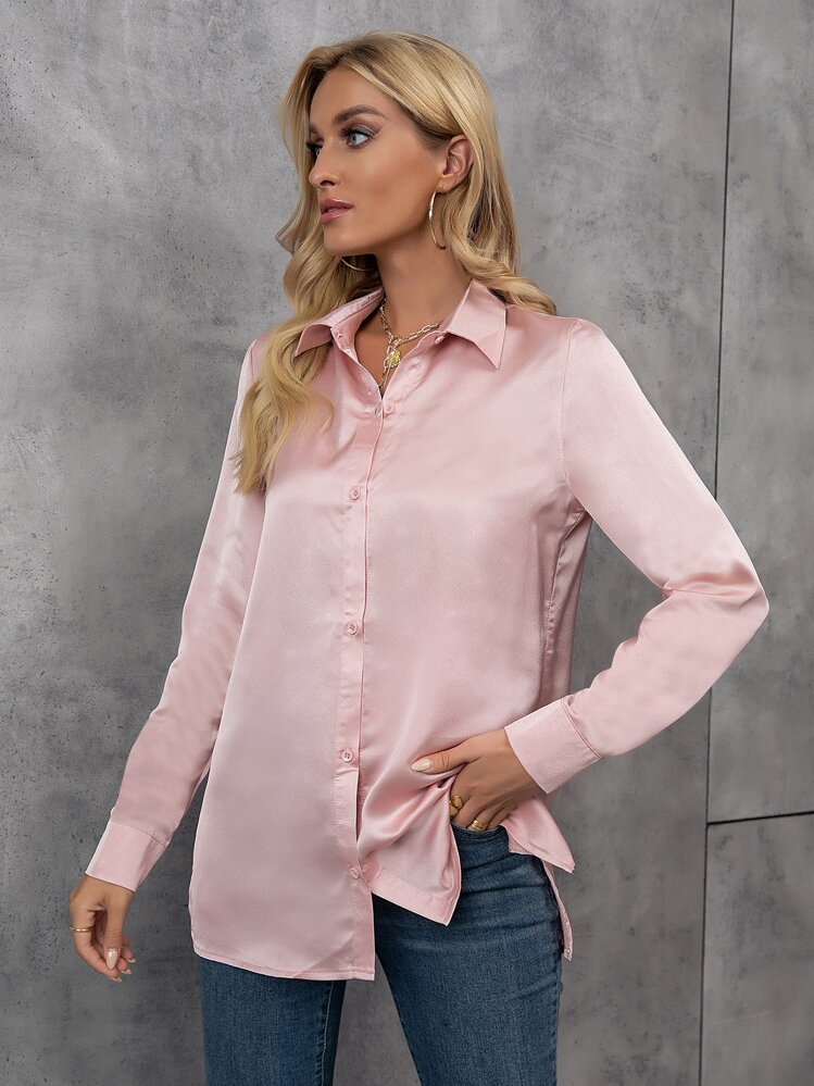 Ellegaria. 纯色宽松袖缎面女式衬衫，长袖上衣 - 藕粉色 - 查看 5