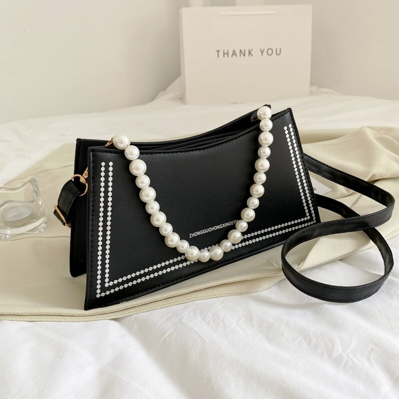

Faux Pearl Beaded Satchel Bag, Black