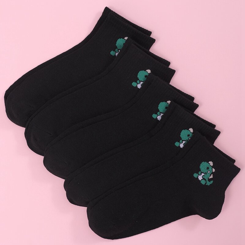 

5pairs Dinosaur Print Crew Socks, Black