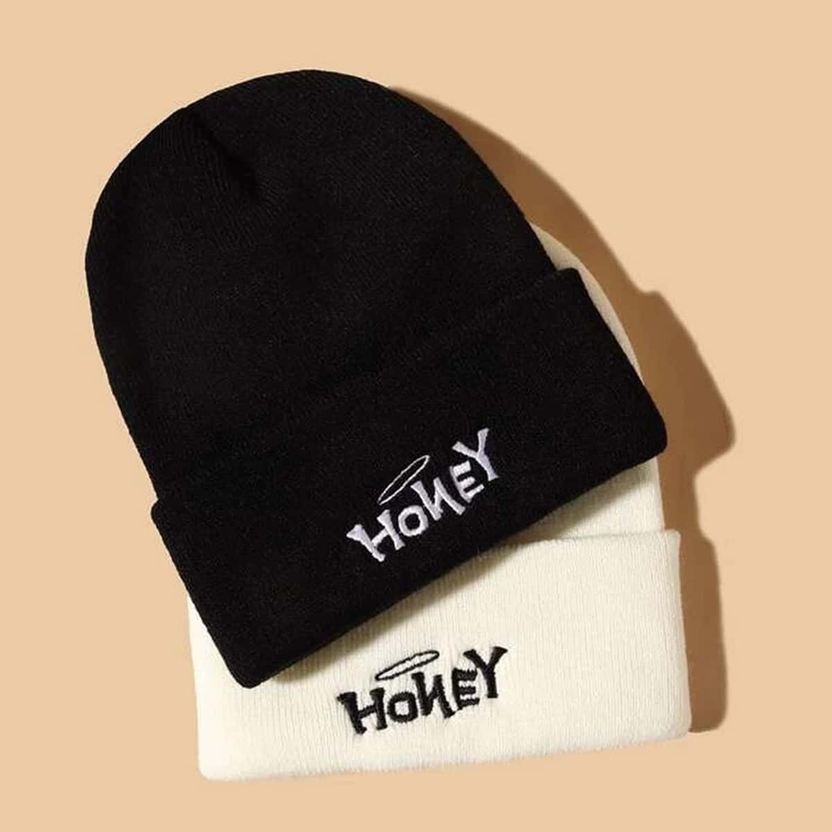 

Guys 2pcs Letter Graphic Embroidery Knit Beanie, Black and white