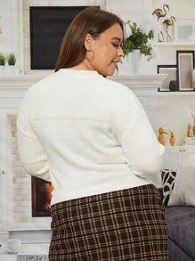 SHEIN Unity 大碼素色落肩袖套頭毛衣 - 米色 - 查看 2