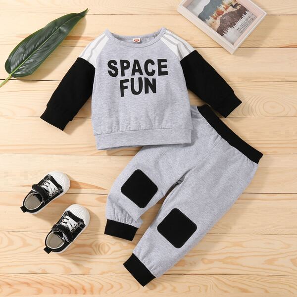 

Baby Color Block Letter Graphic Pullover & Sweatpants, Grey