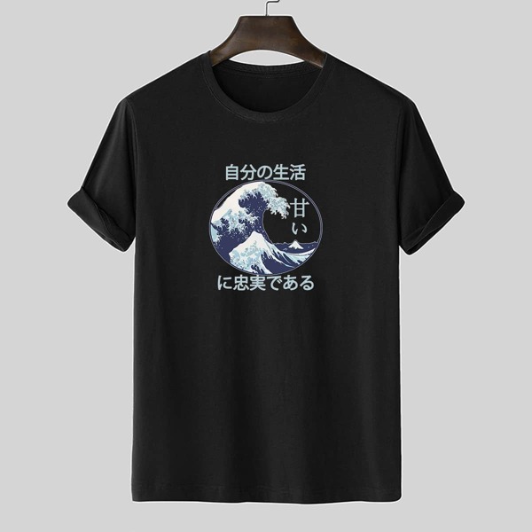 

Men Wave & Japanese Letter Graphic Tee, Black