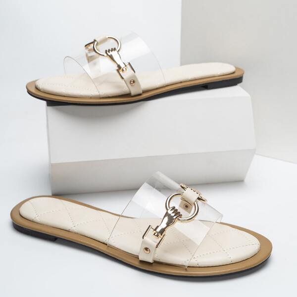 

Quilted Metal Decor Slide Sandals, Apricot