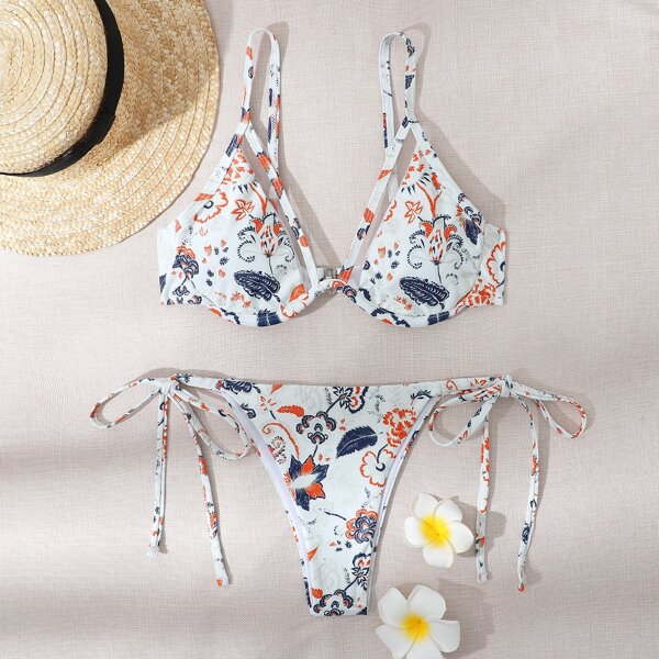 

Floral Print Harness Underwire Bikini Swimsuit, Multicolor