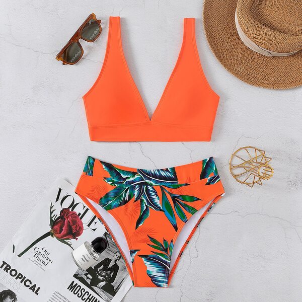 

Plant Print V Neck Bikini Swimsuit, Orange