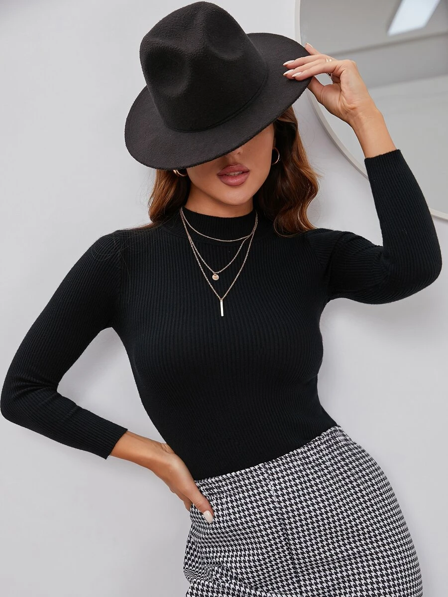 INAWLY Áo len cổ đứng dệt gân trơn, áo dài tay kiểu chui đầu mùa thu đông. - màu đen - Xem 1