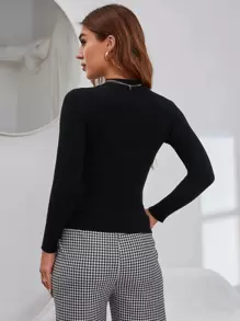 INAWLY Áo len cổ đứng dệt gân trơn, áo dài tay kiểu chui đầu mùa thu đông. - màu đen - Xem 2