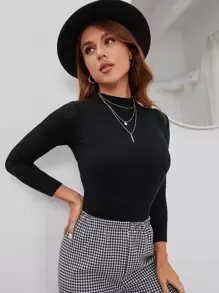 INAWLY Áo len cổ đứng dệt gân trơn, áo dài tay kiểu chui đầu mùa thu đông. - màu đen - Xem 3