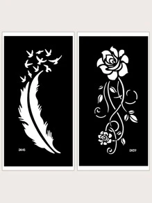 2 hojas Plantilla de tatuaje flor & pluma en forma de - Negro - Ver 1