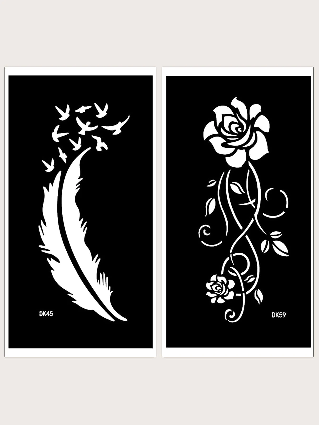 2 hojas Plantilla de tatuaje flor & pluma en forma de - Negro - Ver 1