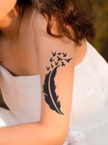 2 hojas Plantilla de tatuaje flor & pluma en forma de - Negro - Ver 2