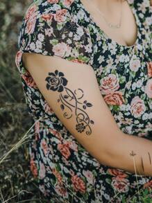 2 hojas Plantilla de tatuaje flor & pluma en forma de - Negro - Ver 6