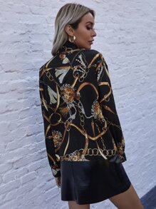 Blusa de cuello con cordón con estampado de cadena - Negro - Ver 2