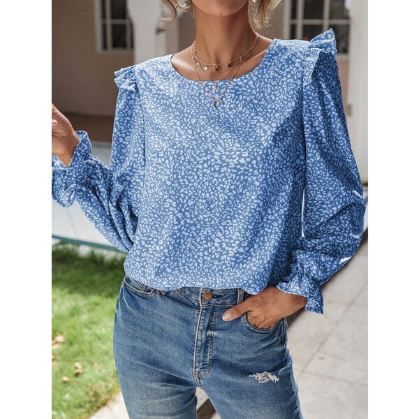 

Flounce Sleeve Allover Print Blouse, Blue and white