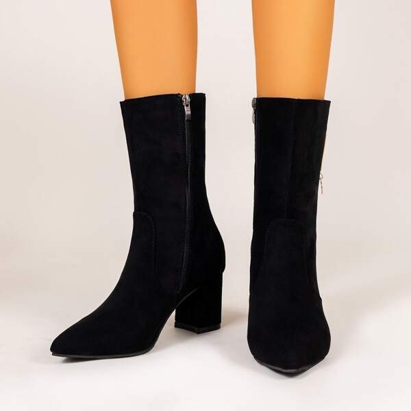 

Minimalist Rhinestone Decor Side Zipper Chunky Boots, Black