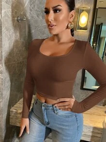 SHEIN Essnce 大圓領短款T恤 - 棕色 - 查看 5