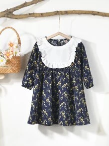 小女童小碎花荷葉邊燈芯絨娃娃裙