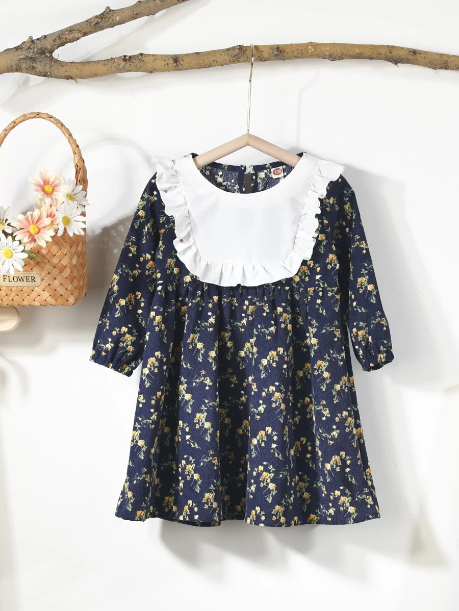 小女童小碎花荷葉邊燈芯絨娃娃裙