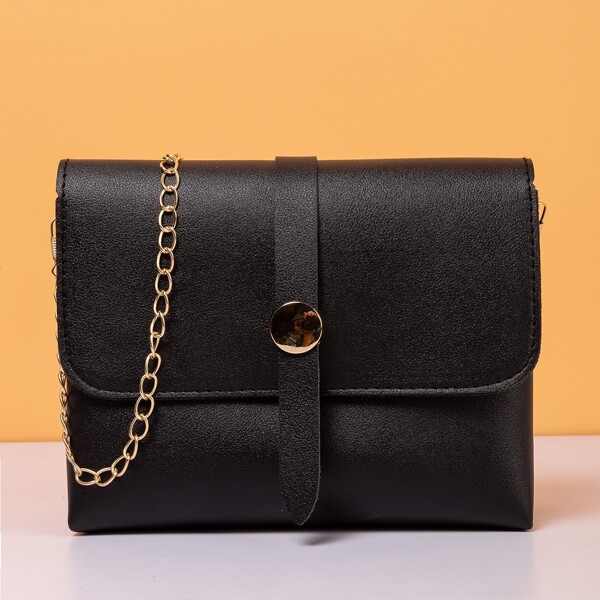 

Minimalist Metal Decor Flap Square Bag, Black