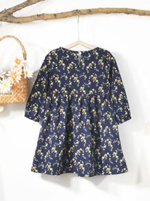 小女童小碎花荷葉邊燈芯絨娃娃裙