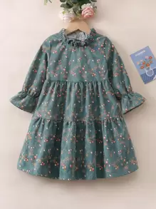 小女童小碎花木耳邊荷葉袖荷葉邊燈芯絨洋裝
