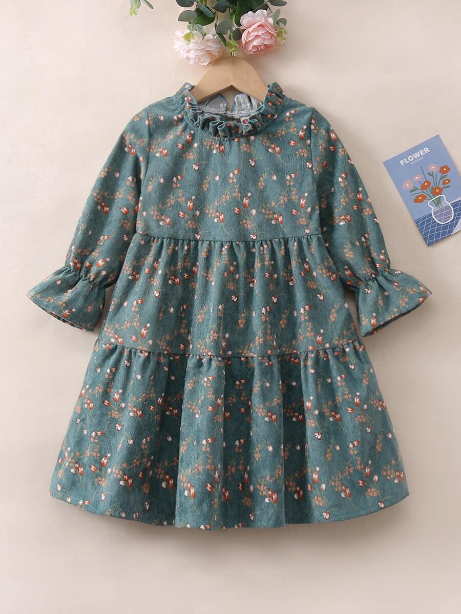 小女童小碎花木耳邊荷葉袖荷葉邊燈芯絨洋裝