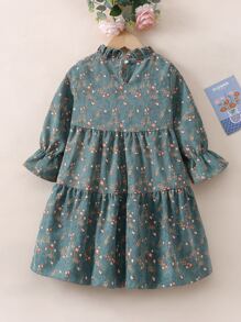 小女童小碎花木耳邊荷葉袖荷葉邊燈芯絨洋裝