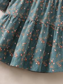 小女童小碎花木耳邊荷葉袖荷葉邊燈芯絨洋裝