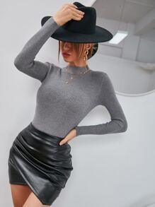 INAWLY Áo len cổ đứng dệt gân trơn, áo dài tay kiểu chui đầu mùa thu đông. - Xám - Xem 1