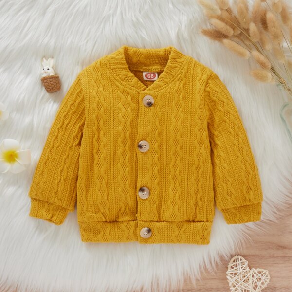 

Baby Baseball Collar Cable Knit Cardigan, Mustard yellow