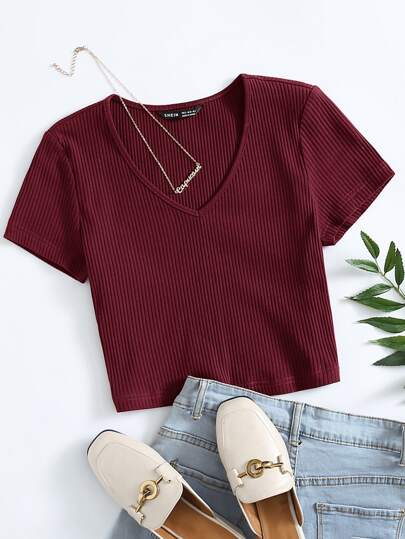 SHEIN EZwear 大码纯色罗纹针织短款 T 恤