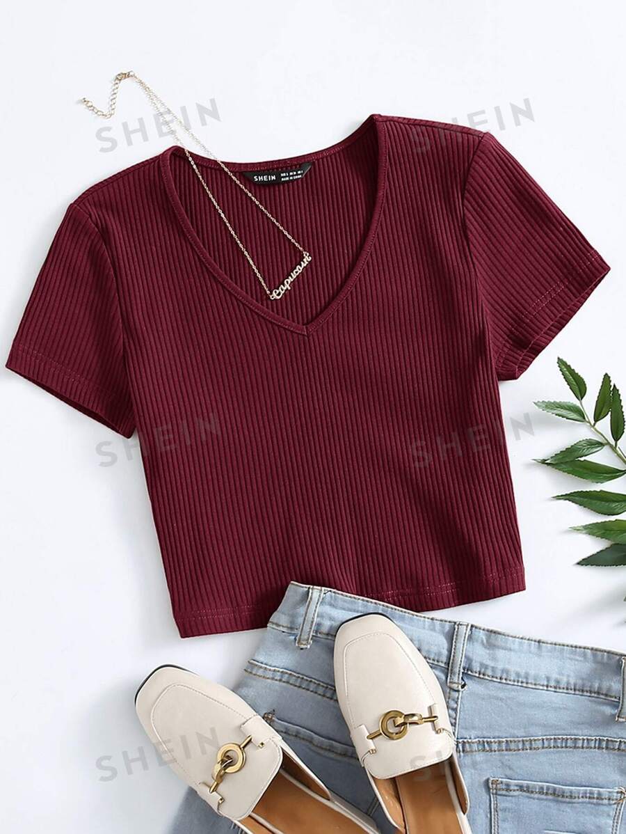 SHEIN EZwear Camiseta de punto acanalado de unicolor para talla grande - Burdeos - Ver 1