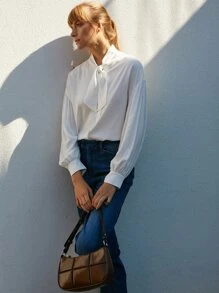 MOTF TIE NECK TOP MADE OF LENZING™ ECOVERO™ BRANDED VISCOSE FIBERS - White - View 1