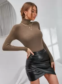 SHEIN Privé Solid Skinny Turtleneck Jumper - Mocha Brown - View 1