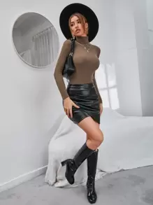 SHEIN Privé Solid Skinny Turtleneck Jumper - Mocha Brown - View 4