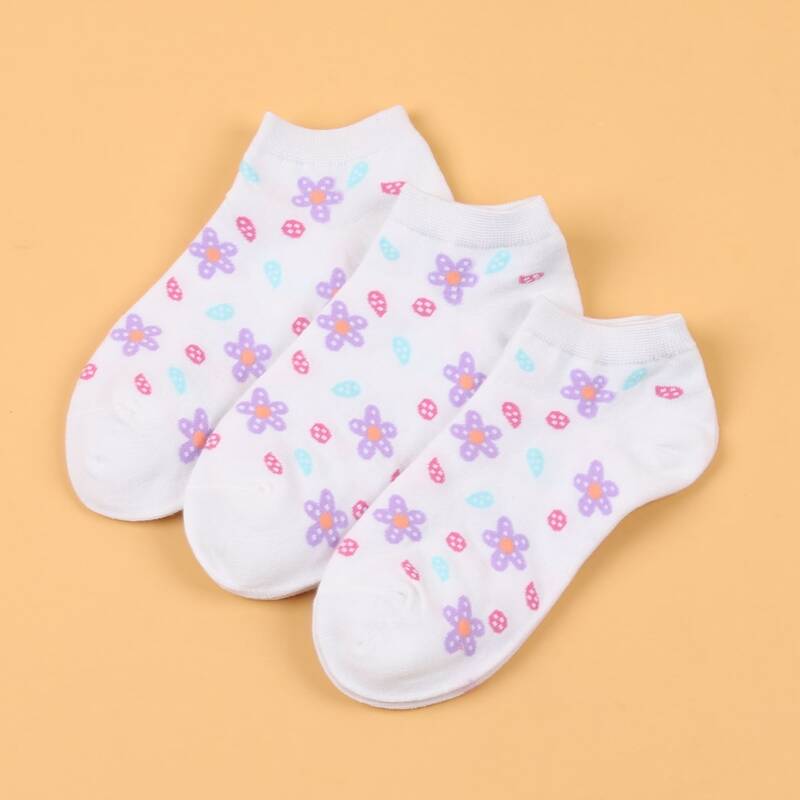 

3pairs Flower Print Ankle Socks, Multicolor