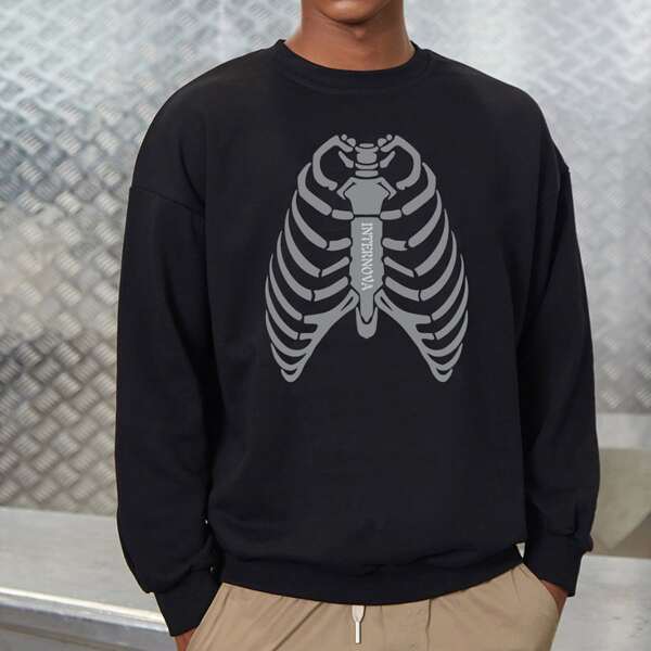 

Men Skeleton & Letter Graphic Drop Shoulder Pullover, Black