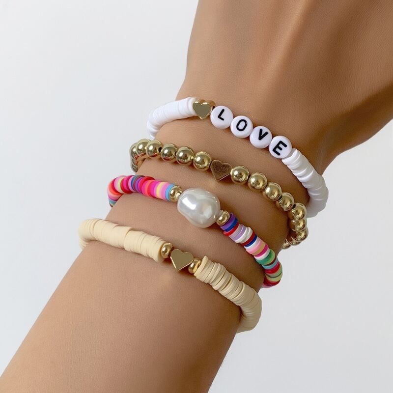 

4pcs Faux Pearl Decor Beaded Bracelet, Multicolor