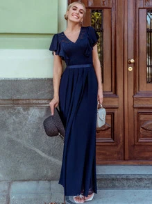 MIUSOL Lace Patchwork Butterfly Sleeve Pleated Chiffon Bridesmaid Dress - Navy Blue - View 1