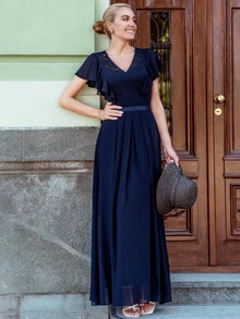 MIUSOL Lace Patchwork Butterfly Sleeve Pleated Chiffon Bridesmaid Dress - Navy Blue - View 3